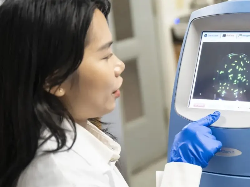 Graduate student Emmy Nguyen works at a lab monitor in Carnegie Mellon University’s Bridges Lab. The team’s research uncovers a way to alter bacterial behavior, offering a potential new strategy to combat antibiotic resistance.